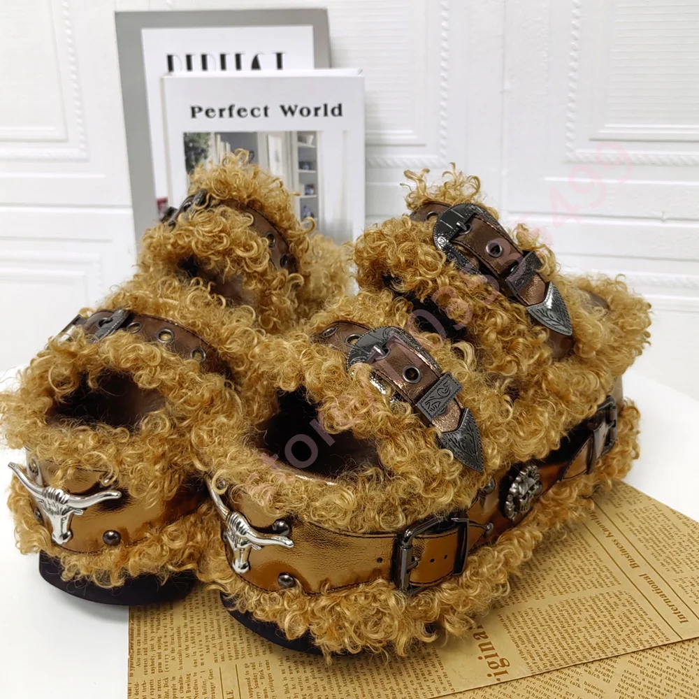 2026 Winter New Style Thick-Soled Furry Slip-On Slippers Street Punk Style Open-Toe Buckle Fashion Outdoor Party Casual Shoes
