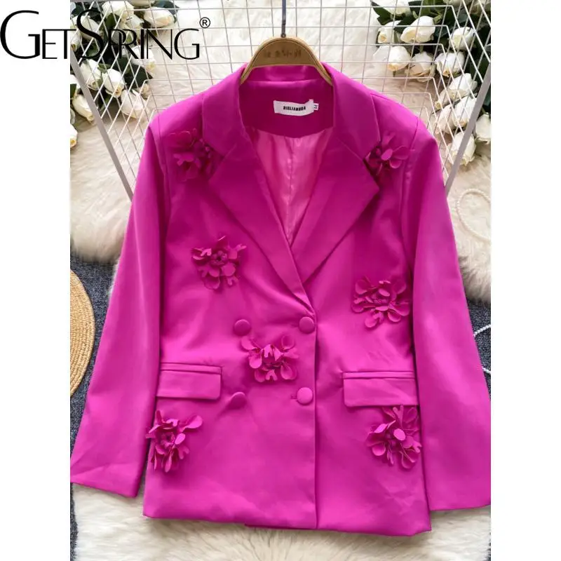 GetSpring Women Blazer 2024 Autumn Double Breasted Three Dimensional Flower Ladies Black Blazer Coat Loose Women's Suit Jacket