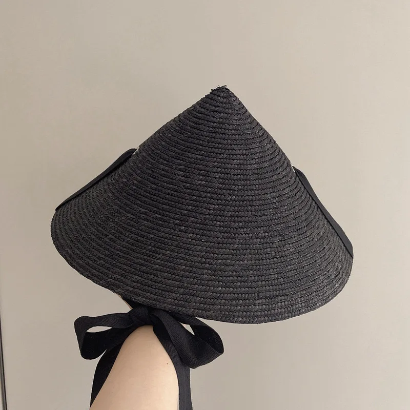 European American Vacation Black Khaki Natural Straw Hats For Women Bucket Hat Tied Up Magician Cap Summer Beach Sun Hat New