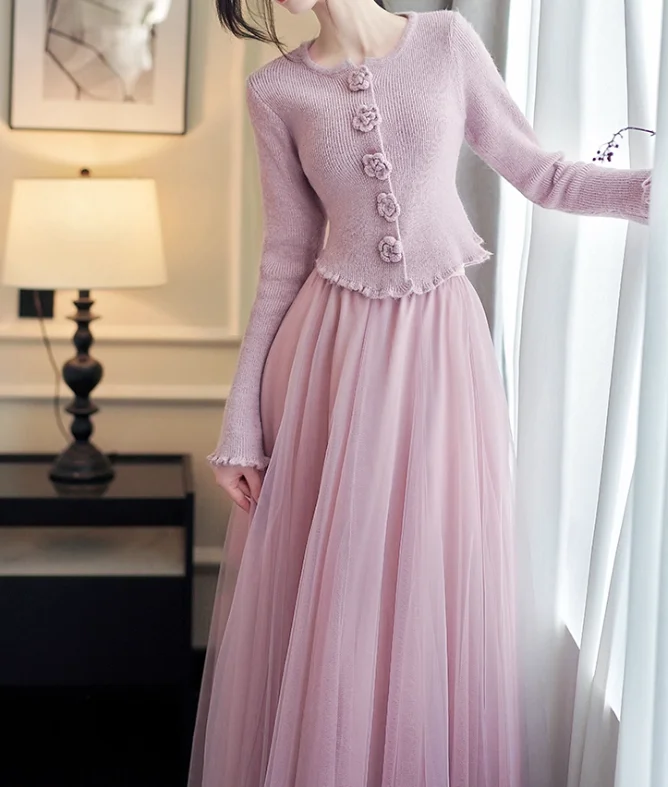 Французский романтический фиолетовый трехмерный вязаный топ с длинными рукавами и цветочным принтом, осенняя модная газовая универсальная юбка с высокой талией для девочек