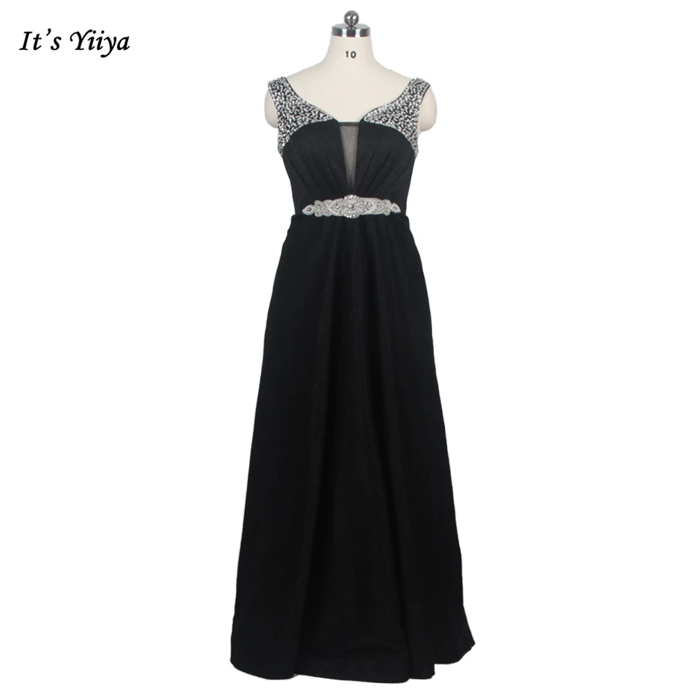 

It's YiiYa Evening Dress Black V-neck Shining Crystal Beading Sleeveless Plus size A-lien Floor Length Women Party Dresses E072