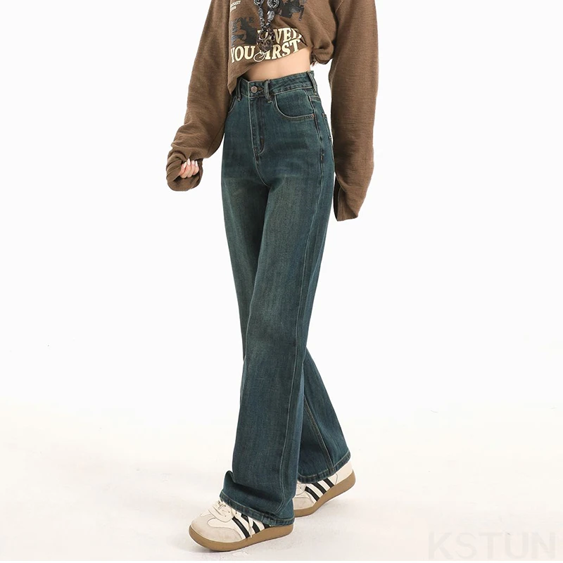 KSTUN 여성용 기본 백진 청바지 하이 웨이스트 스트레치 스트레이트 컷 빈티지 블루 캐주얼 여성 풀 렝스 바지 편안함