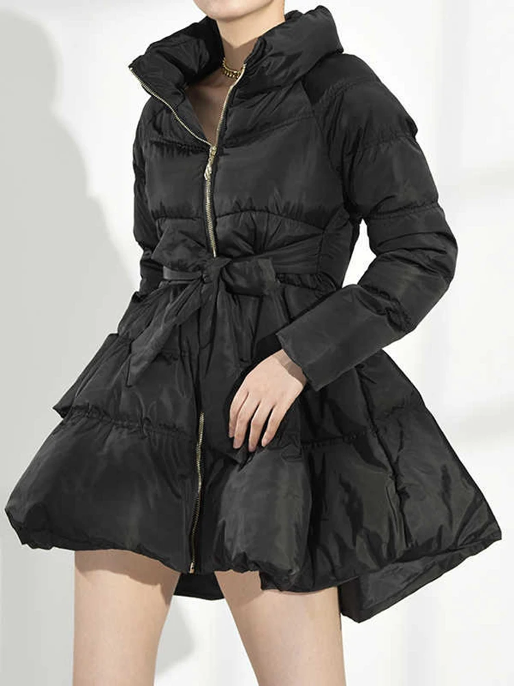 [EAM] Black Bandage Bow  Cotton-padded Coat Long Sleeve Loose Fit Women Parkas Fashion Tide New Autumn Winter 2024 1DH5282