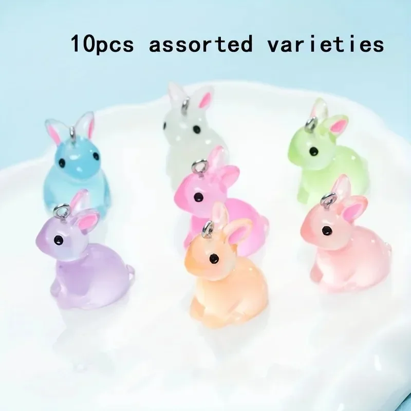 10Pcs Luminous Rabbit Resin Charms Glow In Dark Kawaii Bunny Pendants For Handmade Earrings Necklaces Jewelry Making Accessories