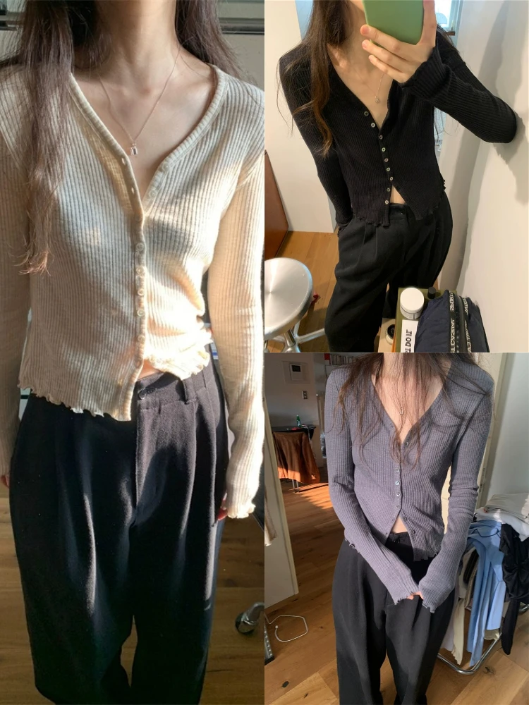 

Женский облегающий вязаный кардиган V-Ne весна 2025, топ Pure Sle Long Sve Top Commute Faion