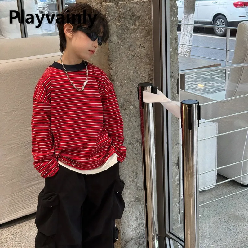 

Корейский стиль, весна-осень, детская модная футболка в красную полоску для мальчиков, свободный пуловер с круглым вырезом и длинными рукавами, футболки, детская одежда A5056