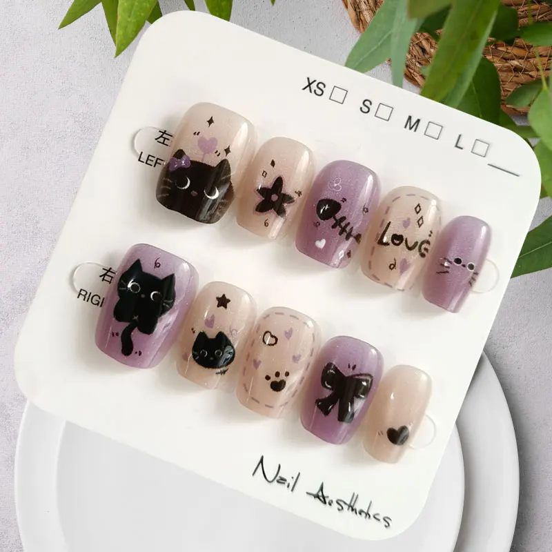 10Pcs Cute Cartoon Purple Spirit Cat Handmade Press on Nails Square Head with Cat Eye's Nail Patch Stickers Fake Nails Art - view 2