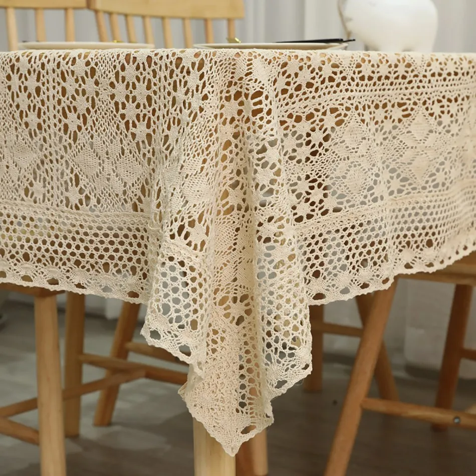 Pastral Tablecloth Crochet Hollow Beige Cotton Fabric Table Cloth Take Pictures DIY Living Room Home Decorations Table Cover Mat