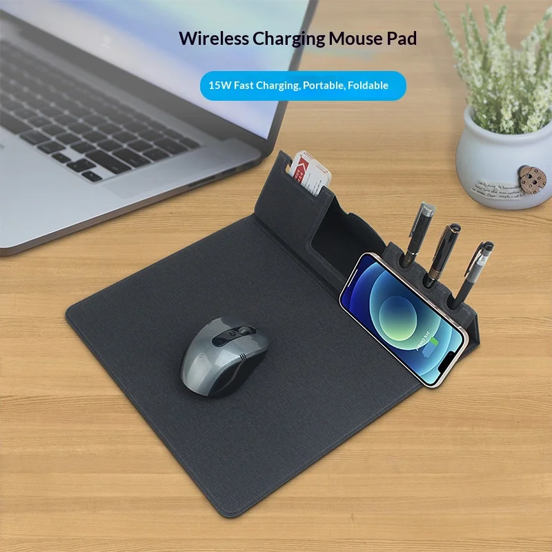 

2025 Foldable Wireless Charging Mouse Pad with Phone Stand | 15W Fast Qi Charging | Card/Pen Slots | Storage Desk Mat