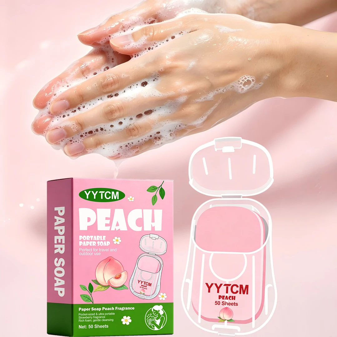 Yytcm Peach Disposable Soap Sheets Portable Travel Hand Washing Paper Soap Outdoor Mini Cleaning Soap Paper 50 Pieces Pack