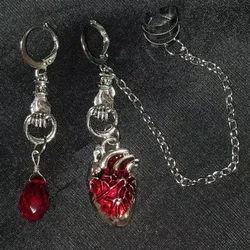 The Beating Heart Asymmetrical Cuff Earrings Chain Ear Cuff Clip Jewelry Gift,Witchy Gothic Vampire Spooky Boho Bohemian