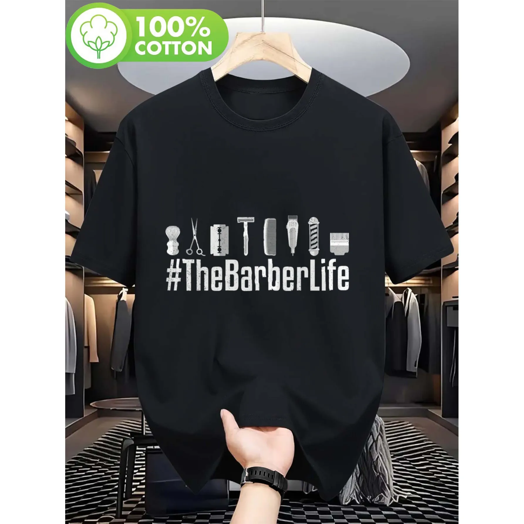 Barber Life Graphic Tee 100% Cotton Casual Short Sleeve Round Neck T-Shirt for Men