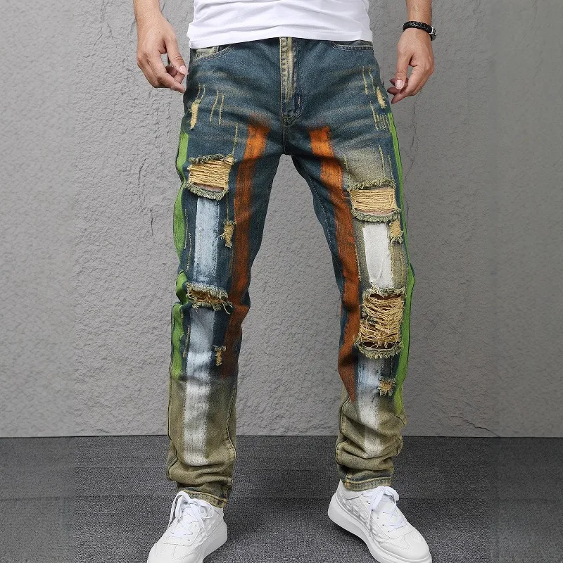 

KEXU Men Non-Stretch Ripped Jeans Paint Splatter Design Tapered Distressed Long Denim Trendy Street Pants For Daily Outfit