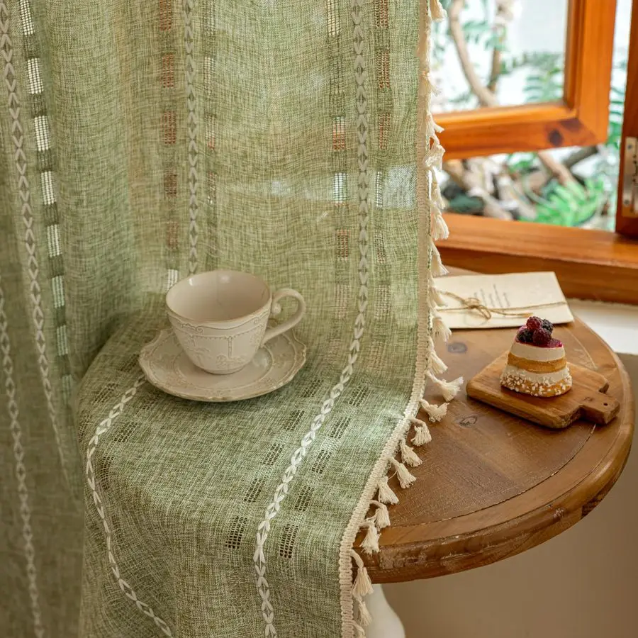 

Прозрачные шторы цвета шалфейной зелени, 84 дюйма в длину, 2 панели, для гостиной, спальни, в стиле фермерского дома, с богемными кистями, светопропускающие, в деревенском стиле, Xm