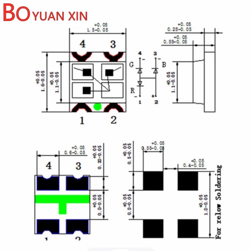SMD 1615 Frosted Full Color RGB 4-Pin Common Anode LED Diode, Three-Color 0603 Frosted Light Emitting Diode