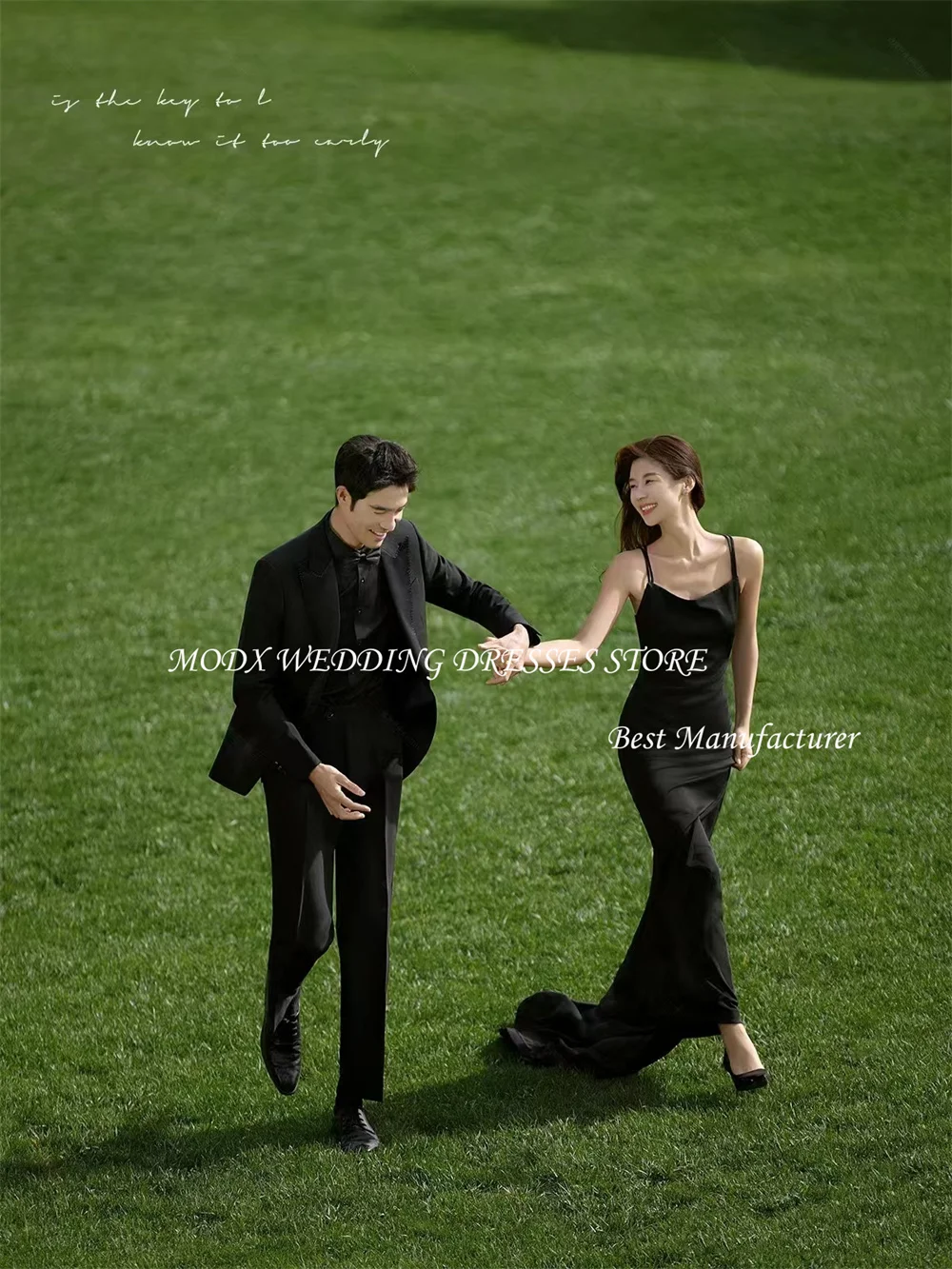 MODX فساتين زفاف كورية بسيطة بحورية البحر باللون الأسود لالتقاط الصور من الساتان وحزام سباغيتي على شكل حرف v بطول الأرض بدون ظهر على شكل جسر #3