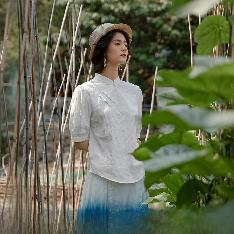 

Однотонная винтажная женская рубашка с вышивкой, приталенного кроя, с коротким рукавом, на пуговицах, из смесового хлопка, с воротником-стойкой, повседневная, модная