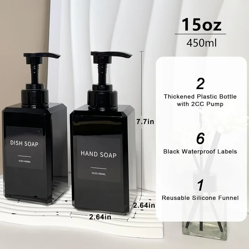 Black Soap Dispenser with Waterproof Labels, for Bathroom, Shampoo and Conditioner Bottles