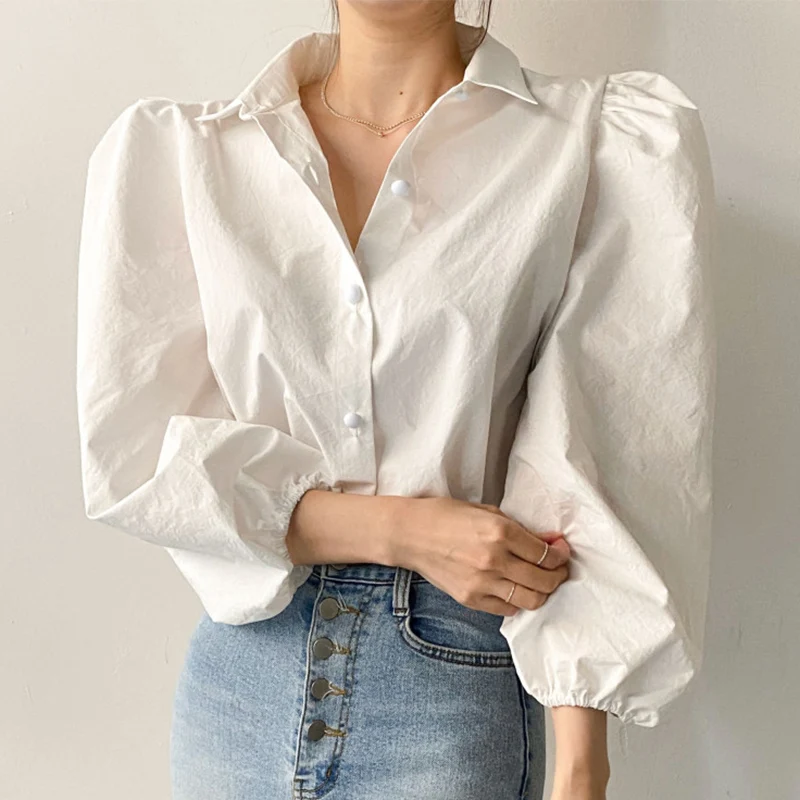 Chic Spring Basic Sle Loose Bubble Sve irt Women's  Collar Single Button Nine Points Casual Faion Top