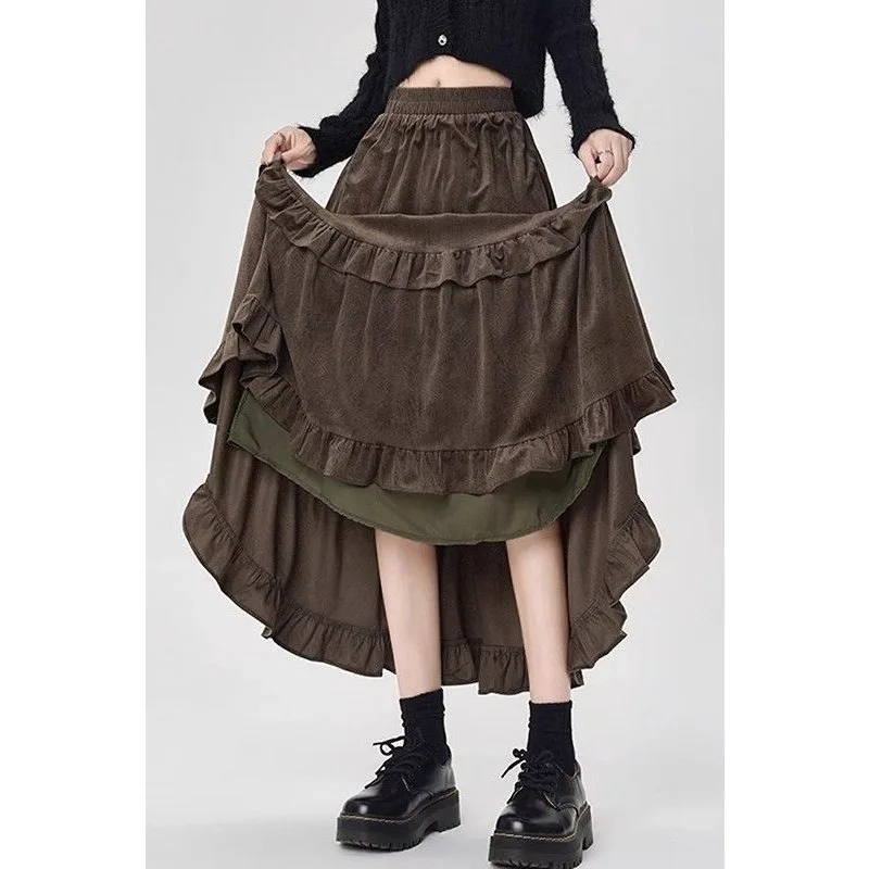 Nieuwe herfst- en winterstijl A-lijn middellange getextureerde fluwelen taartrok met hoge taille voor dames