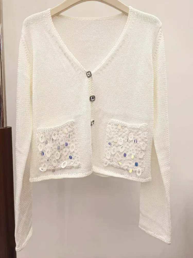Elegant Heavy Embellished Sequin V-Neck Knitted Cardigan Short Sleeveless Women's Fashion Top Age-Defying Versatile Long Sleeve