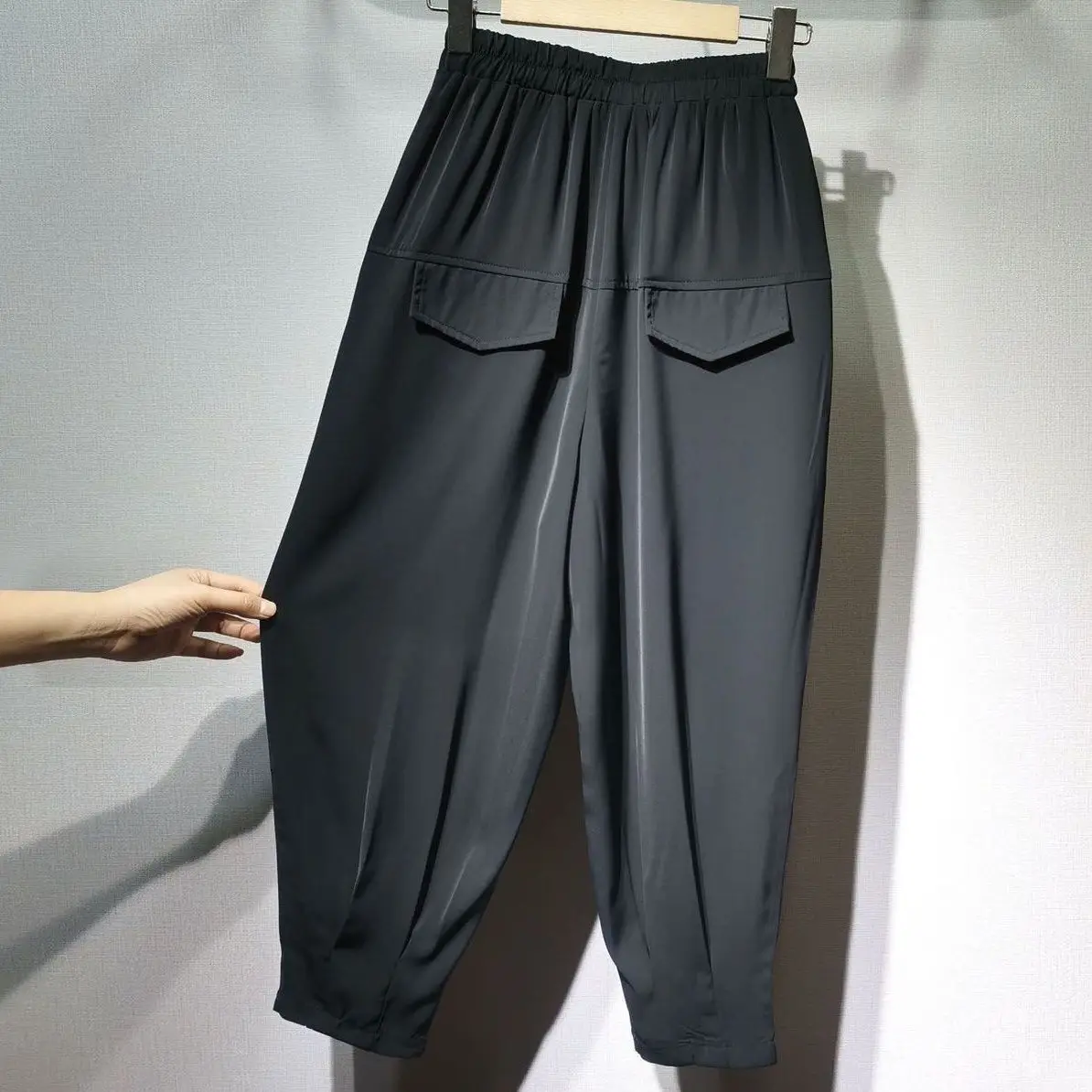 여름 블랙 높은 허리 느슨한 하렘 숙녀 패션 모든 경기 탄성 허리 바지 여성 의류 단순 솔리드 컬러 바지