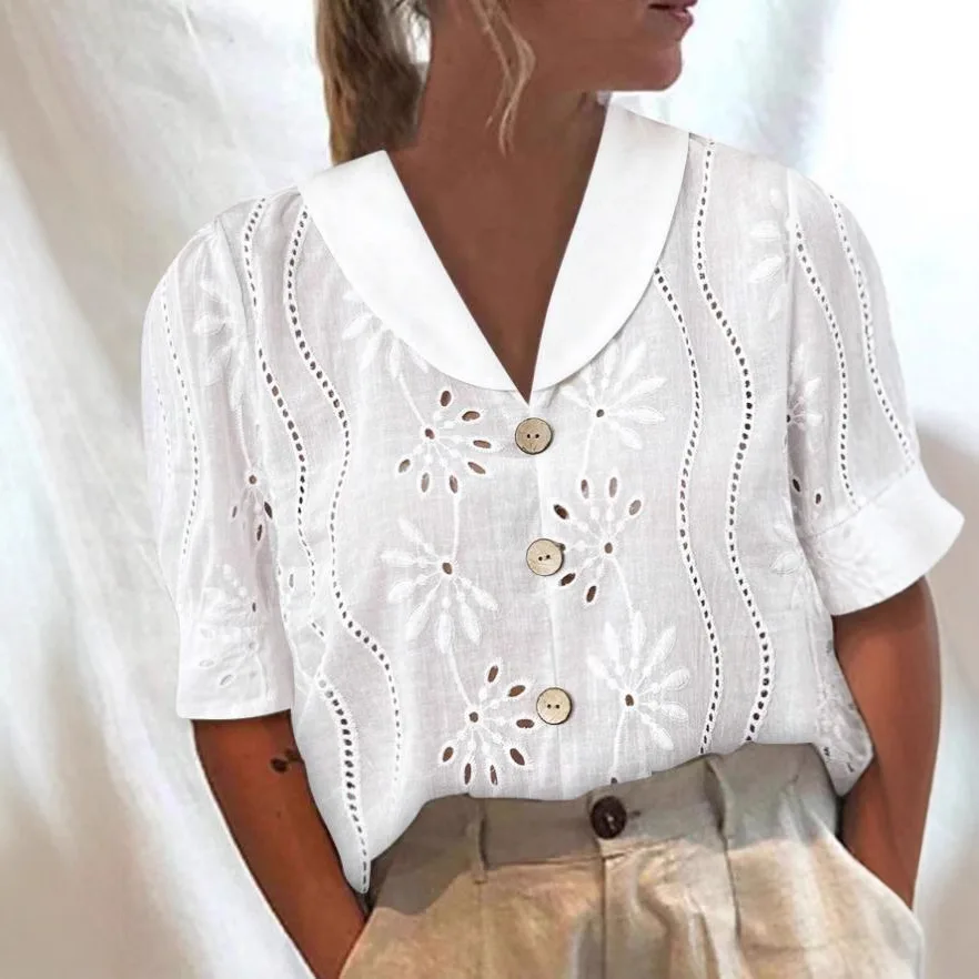 

Summer Women's White Elegant Shirt Fashion Hook Flower Hollow Short Sleeve Tops Shirts For Women Casual Office Top Shirts Lady