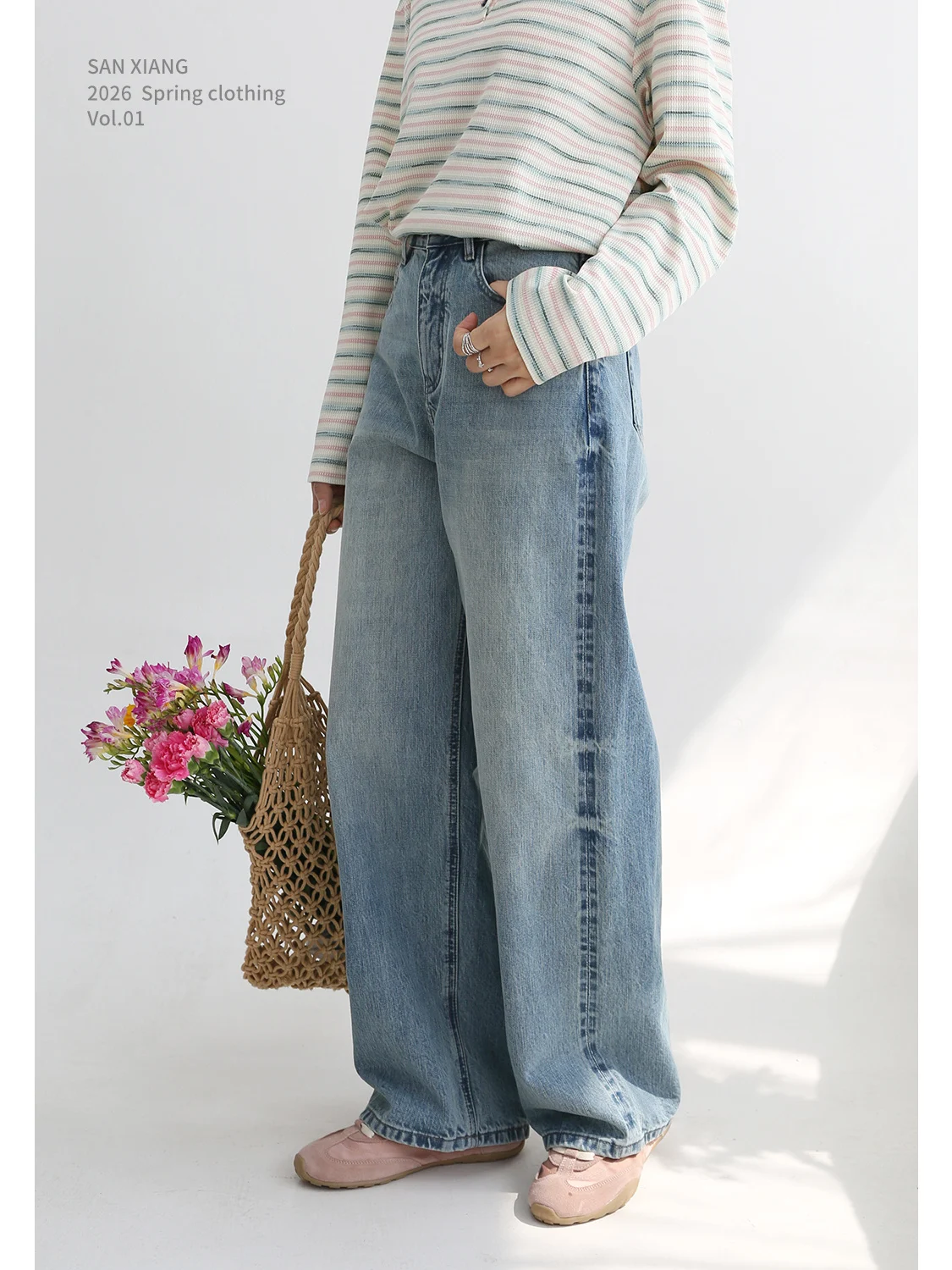 

Women's High Waist Loose Fit Pure Cotton Jeans Sand Washed Distressed Long Pants Spring New Arrival Casual Straight Leg Jeans