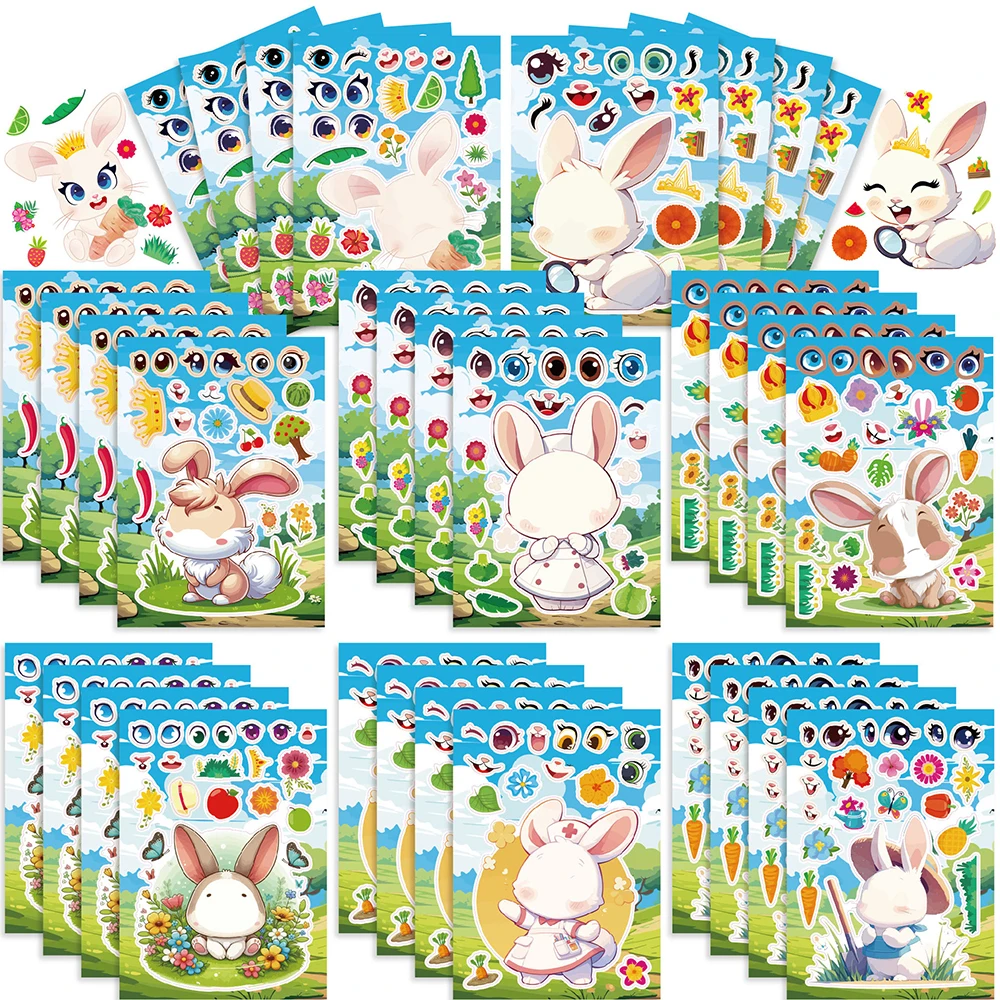 8/16 Blatt Niedliche Cartoon-Osterhasen-Puzzle-Aufkleber zum Gesichter-Machen, DIY-Zusammenbau-Puzzle, Lernspielzeug, Aufkleber, Festliche Dekoration