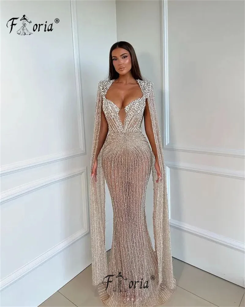 New Silver Beading Crystal Mermaid Party Dress Evening Long Cape Elegant Dubai Woman Prom Dresses Arabic Formal Event Gowns 2024