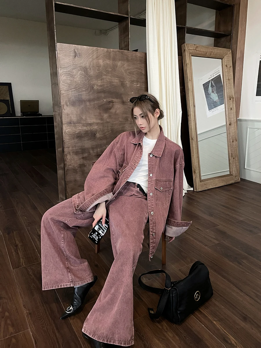 

JCCC Shadow Vintage Washed Workwear Jacket And Wide Leg Jeans Set Women's Fashion Spring Collection Two Piece Suit