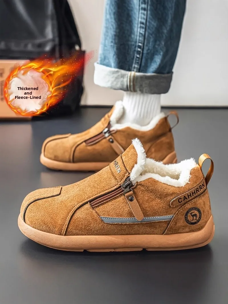  Men's Winter Fleece Lined Warm Cotton Shoes Side Zip Casual Sports Leather Fur Integrated Anti Slip Waterproof