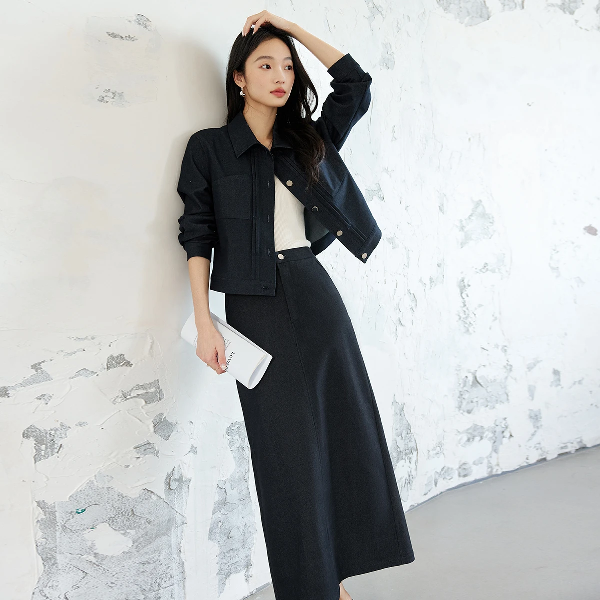 VIMLY Women\'s Vintage Elegant Denim Skirt Set Autumn Long Sleeve Lapel Denim Coat+Split A-line Skirt Office Lady Denim Suits