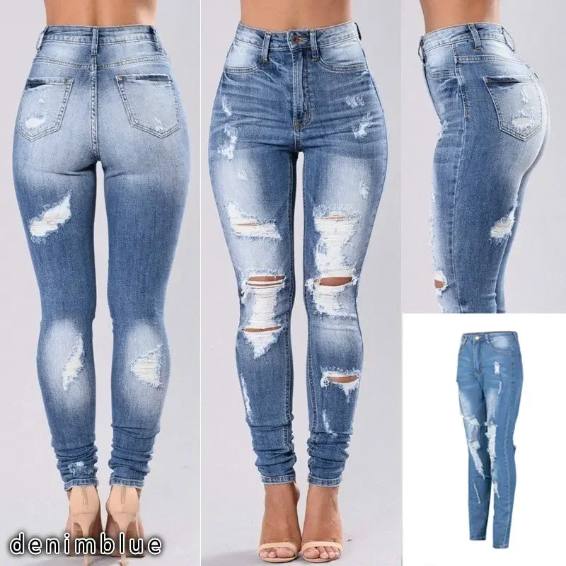 Diskon Besar Jeans Robek Biru Tua Wanita Jeans Denim Skinny Pinggang Tinggi Mode Celana Pensil Ramping Melar S-3XL Pengiriman Drop