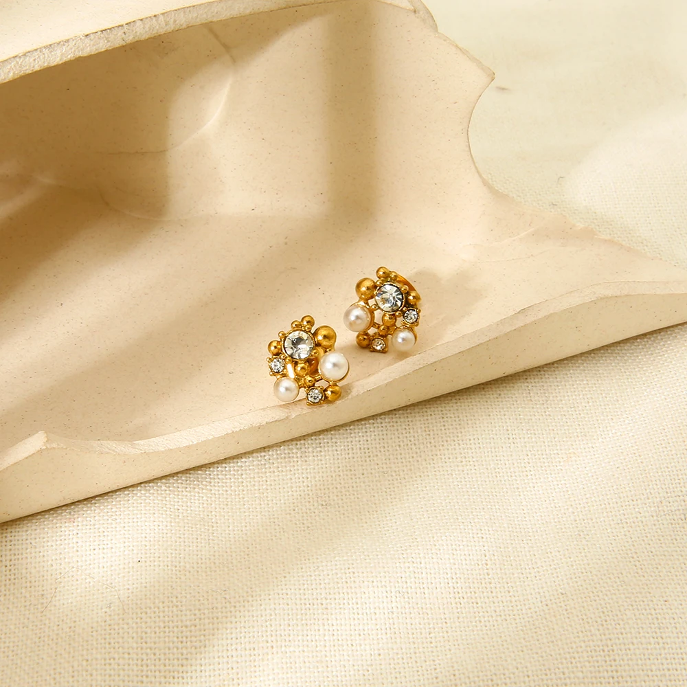 Minimalist Rhinestones Pearl Flower Stud Earrings Stainless Steel 18K Gold Plated Flower Pendant Necklace for Women Gift