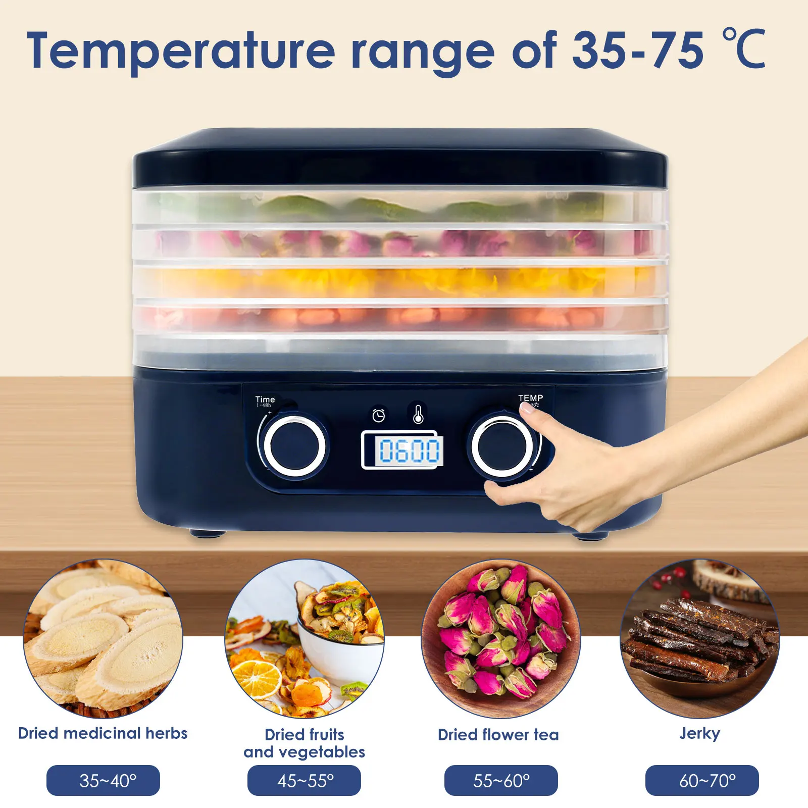 Food Dehydrator 5 Tray Food Dryer Machine Temperature Adjustable Freeze Dried Machine Quiet Freeze Dryer with LCD Display Timer