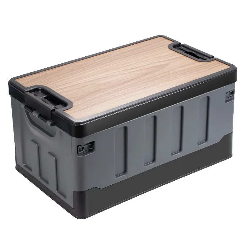 Foldable Outdoor Camping Storage Box with Wooden Lid, Car Trunk Organizer Container for Camping & Vehicle Use