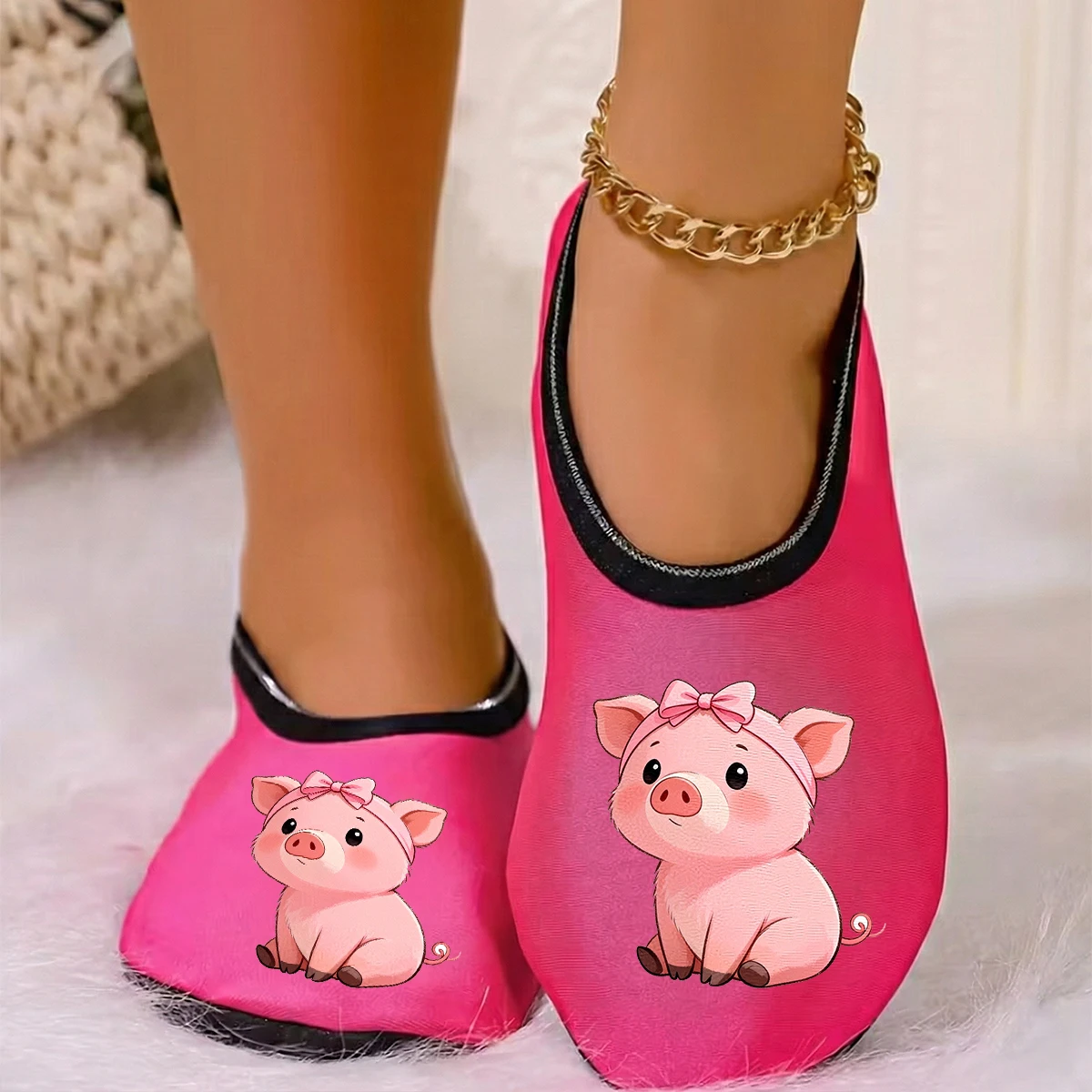 

Four season wearable women's cute little animal pig print suede breathable high elasticity indoor anti slip floor slippers