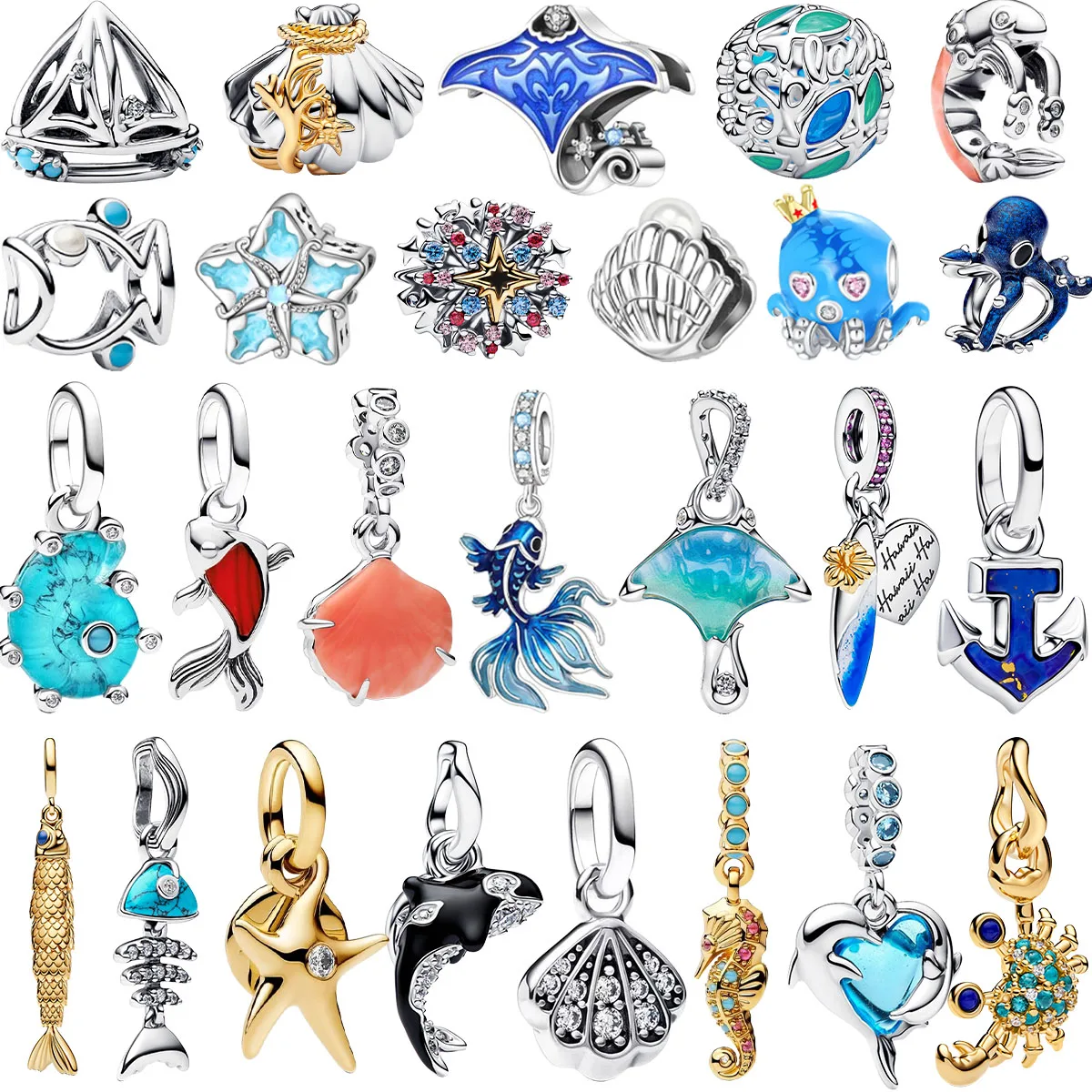 Original 925 Sterling Silver Charms Fish Shell Turtle Starfish Whale Beads Pendant Bracelets Necklaces Womens DIY Jewelry Gift