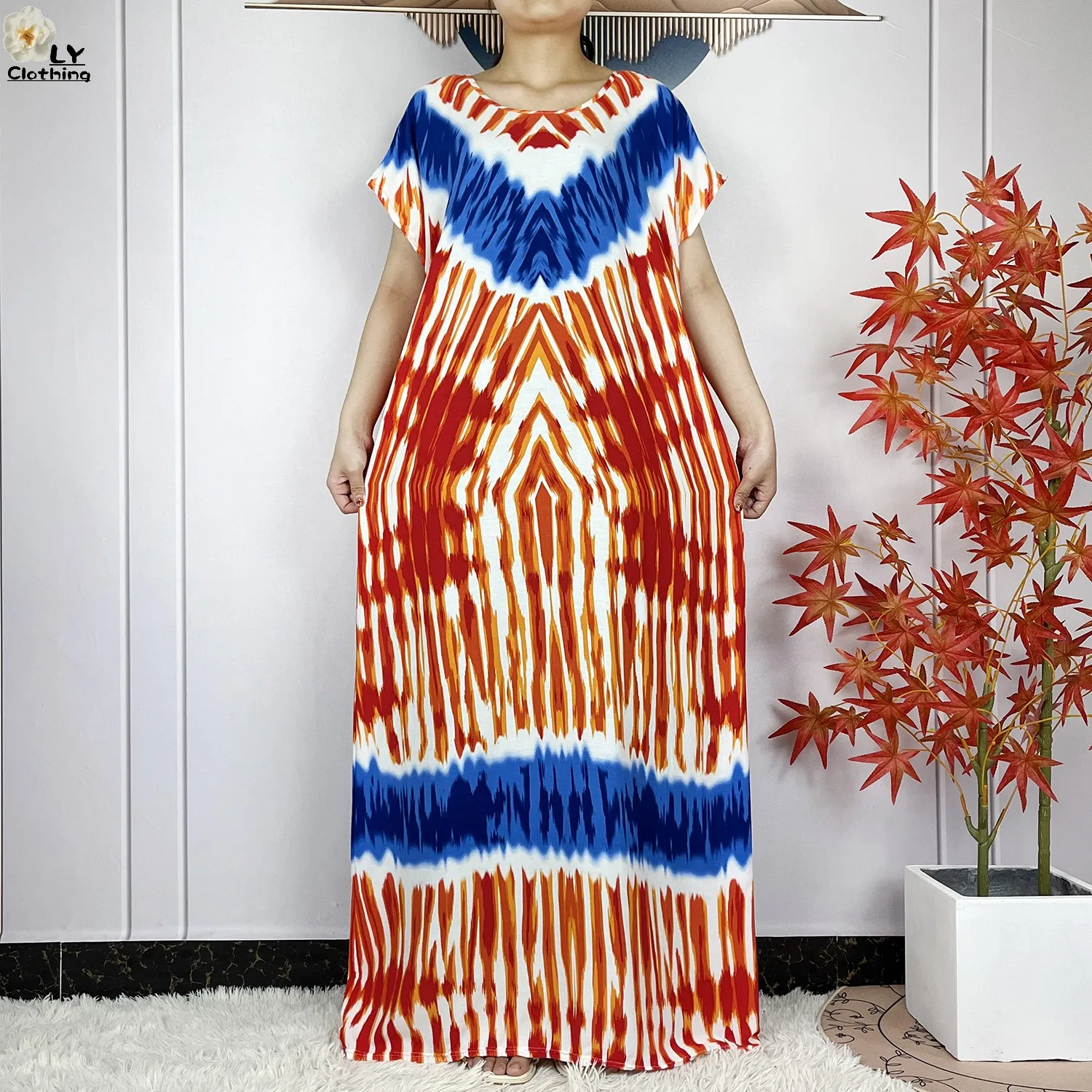 2024 New Style Short Sleeve African Dashiki Tie-dyed Cotton Abaya Caftan Lady Summer Maxi Islam Casual Dresses With Big Scarf