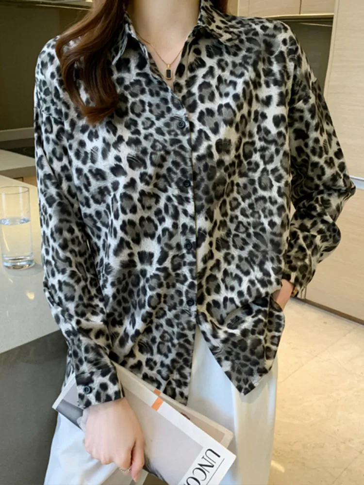 

Spring Leopard Pattern Chiffon Shirt Top Female Cardigan Single Breasted Loose Long Sleeve Blouses Turn-down Collar Clothing