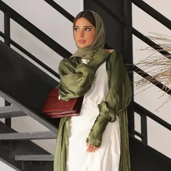 Turkish Gowns for Women Dubai Arabian Dress Army Green Silk Satin Cardigan Robe Mushroom Button Sleeves Muslim Outwear Abaya