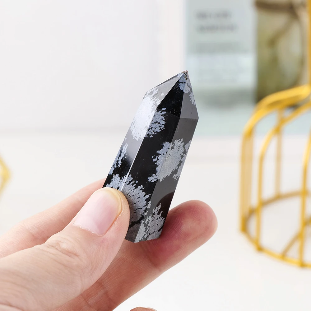 40-60mm Natural Crystal Point Healing Stone Black Snow Obsidian Hexagonal Prisms Obelisk Wand Stone Home Decor 1PC