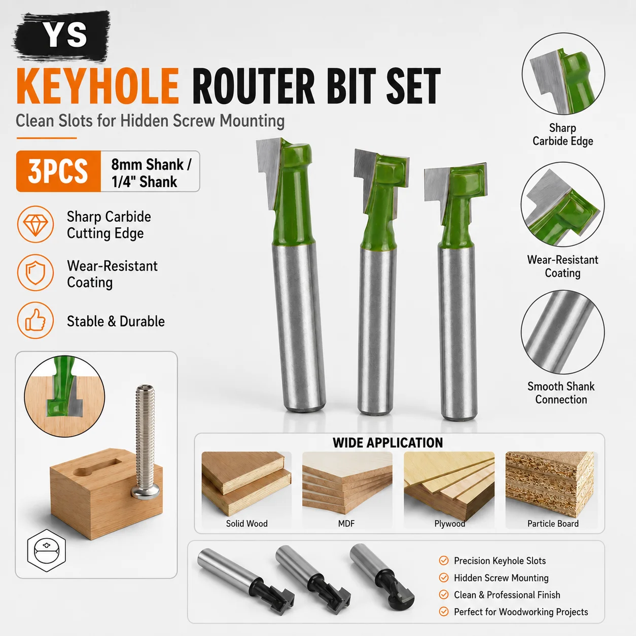 YS 6mm 6.35mm 8mm Shank Keyhole Router Bit T-Slot Cutter Set Carbide Woodworking Milling Cutter for Wood Frame Hanging