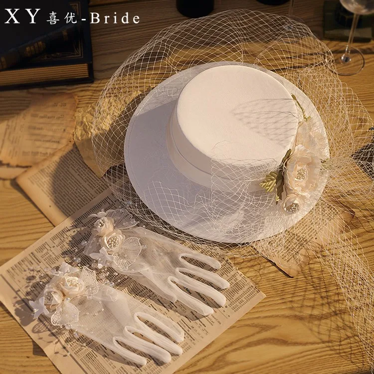 French Style White Large Wedding Hat Viintage Flower Leaves Fedoras Elegant Ladies Photo Shoot Fancy Party Formal Hat Headwear