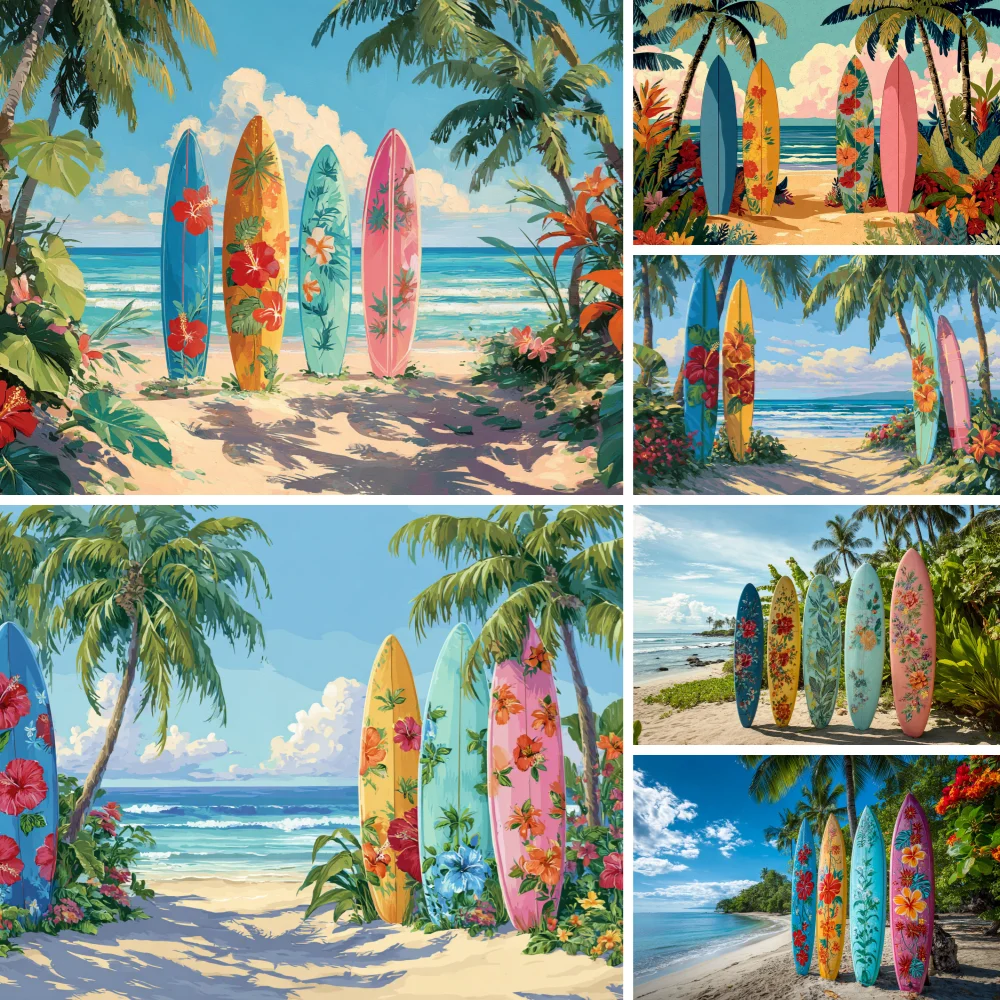 

Summer Tropical Beach Photography Backdrop Hawaiian Surfboard Ocean Palm Flamingo Seaside Camping Party Photo Background Props