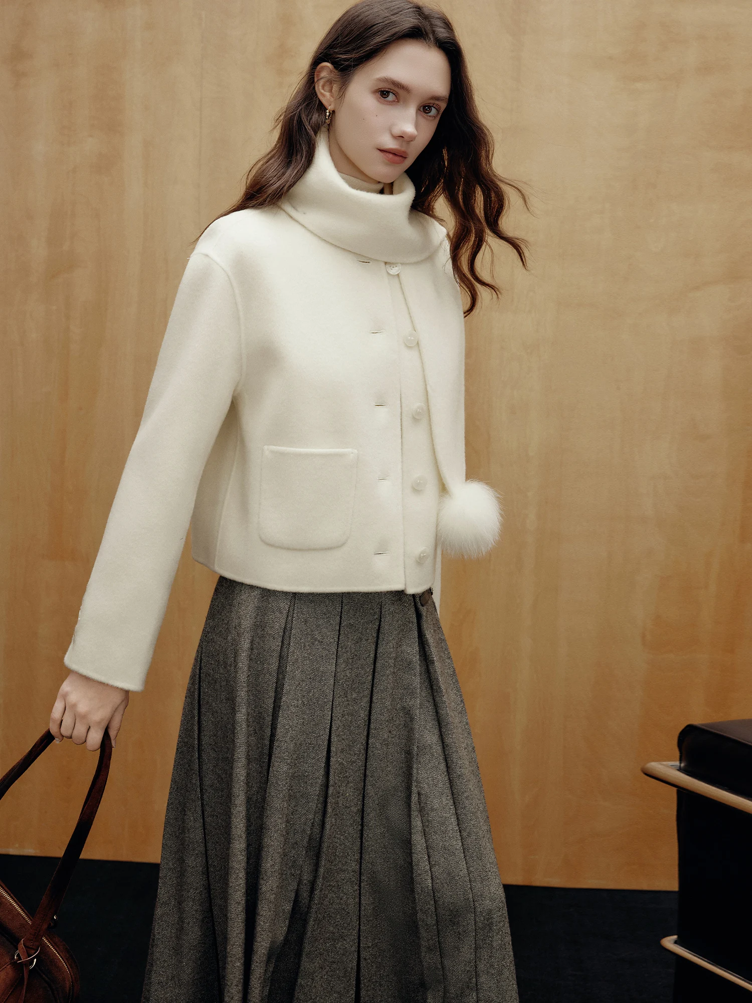 Warm Winter Wool Scarf for Women Fashionable New Style Famanxuan White Wool Ball Scarf Geometric Pattern Rectangle Shape Scarf