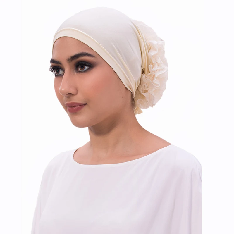 Fashipn Turban muzułmański czapka jednokolorowa koronka afryka Pan kapelusz z kwiatem arabskie indie Hijabs Bonnet kobiety Wrap Head Turbante Headtie