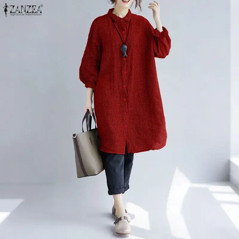 

ZANZEA Women Shirts Fashion 3/4 Sleeve Plaid Blouse 2026 Summer Spring Casual Loose Lapel Elegant Office Lady Blusas Femininas