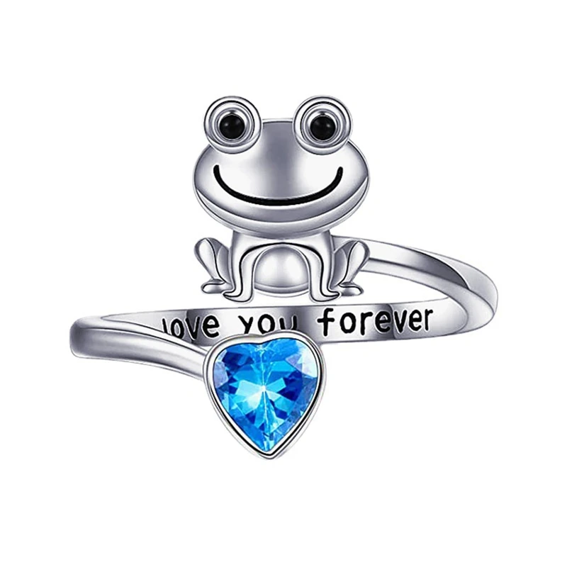 Love You Forever Frog Animal Rings For Women Men Vintage Blue / Green Heart CZ Stone Party Decoration Ring Resizable Unisex Gift